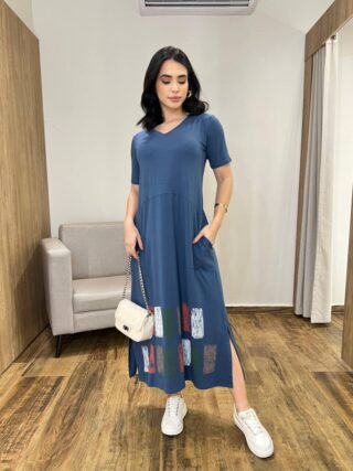 Vestido Longo Manga Curta sem bojo de Malha Fenda Lateral Estampado - Fernanda Ramos Store