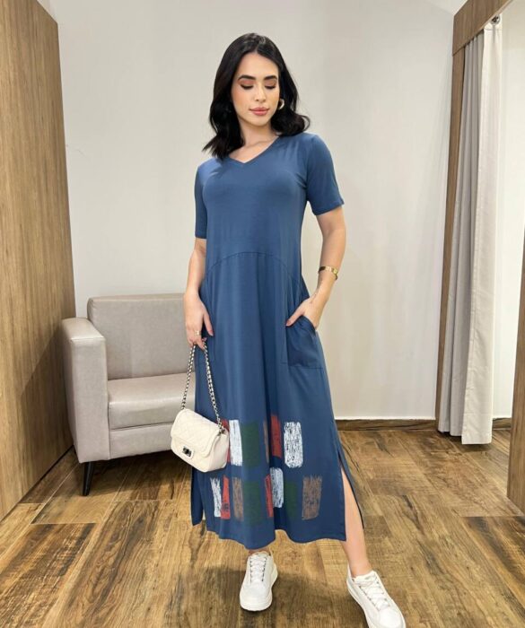 Vestido Longo Manga Curta sem bojo de Malha Fenda Lateral Estampado - Fernanda Ramos Store