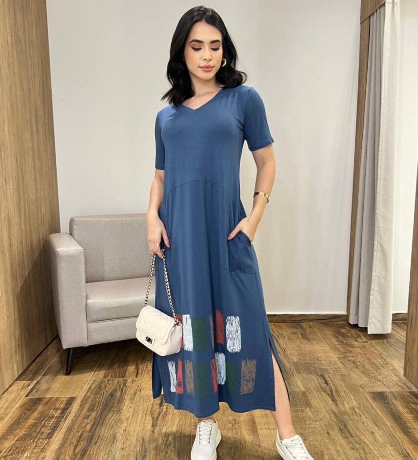 Vestido Longo Manga Curta sem bojo de Malha Fenda Lateral Estampado - Fernanda Ramos Store