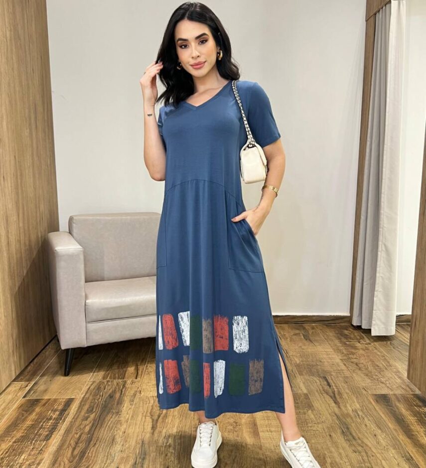 Vestido Longo Manga Curta sem bojo de Malha Fenda Lateral Estampado - Fernanda Ramos Store