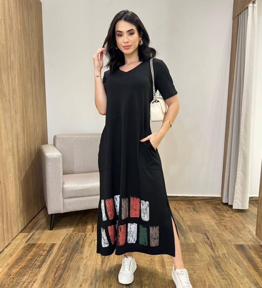 Vestido Longo Manga Curta sem bojo de Malha Fenda Lateral Preto - Fernanda Ramos Store