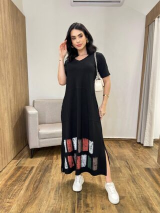 Vestido Longo Manga Curta sem bojo de Malha Fenda Lateral Preto - Fernanda Ramos Store
