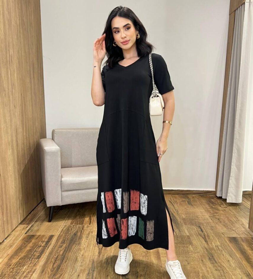 Vestido Longo Manga Curta sem bojo de Malha Fenda Lateral Preto - Fernanda Ramos Store