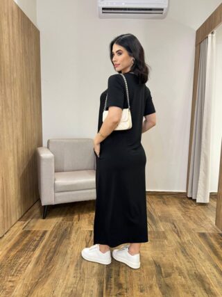 Vestido Longo Manga Curta sem bojo de Malha Fenda Lateral Preto - Fernanda Ramos Store