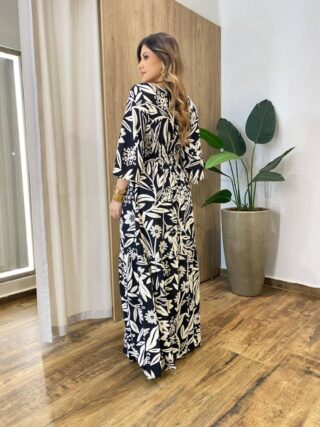 Vestido Longo sem Bojo Manga 3/4 Estampa Floral Preto - Fernanda Ramos Store