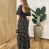 Vestido Longo Tabata Manga Curta sem Bojo Amarração Estampado Preto - Fernanda Ramos Store