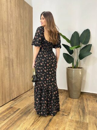 Vestido Longo Tabata Manga Curta sem Bojo Amarração Estampado Preto - Fernanda Ramos Store