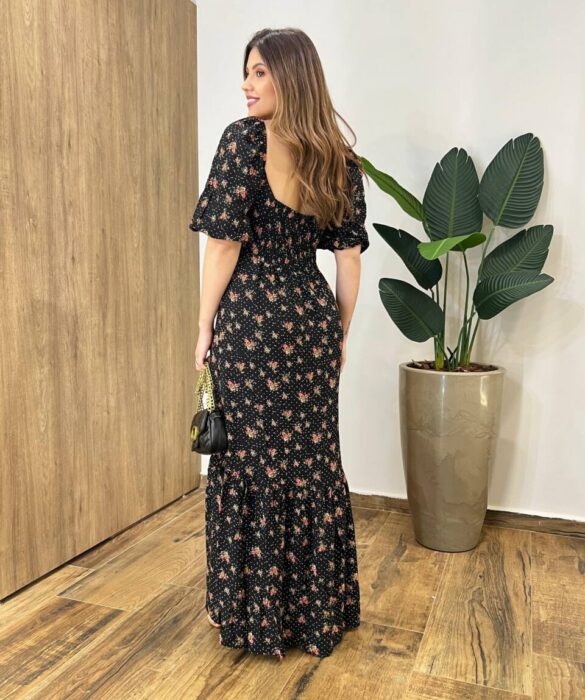 Vestido Longo Tabata Manga Curta sem Bojo Amarração Estampado Preto - Fernanda Ramos Store