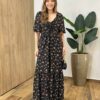 Vestido Longo Tabata Manga Curta sem Bojo Amarração Estampado Preto - Fernanda Ramos Store