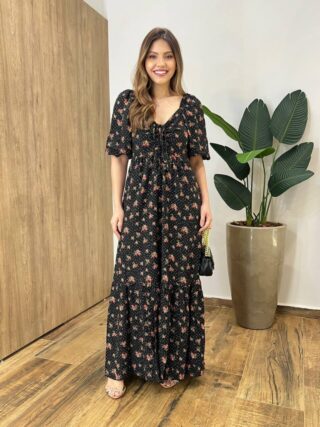 Vestido Longo Tabata Manga Curta sem Bojo Amarração Estampado Preto - Fernanda Ramos Store