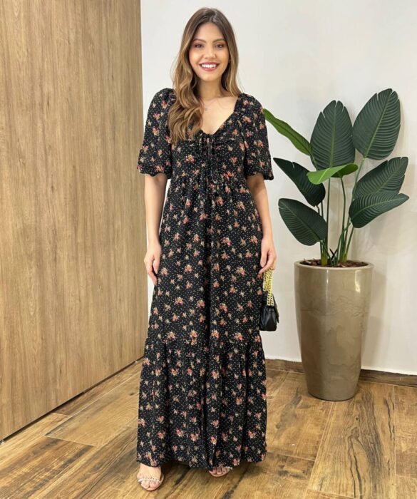 Vestido Longo Tabata Manga Curta sem Bojo Amarração Estampado Preto - Fernanda Ramos Store