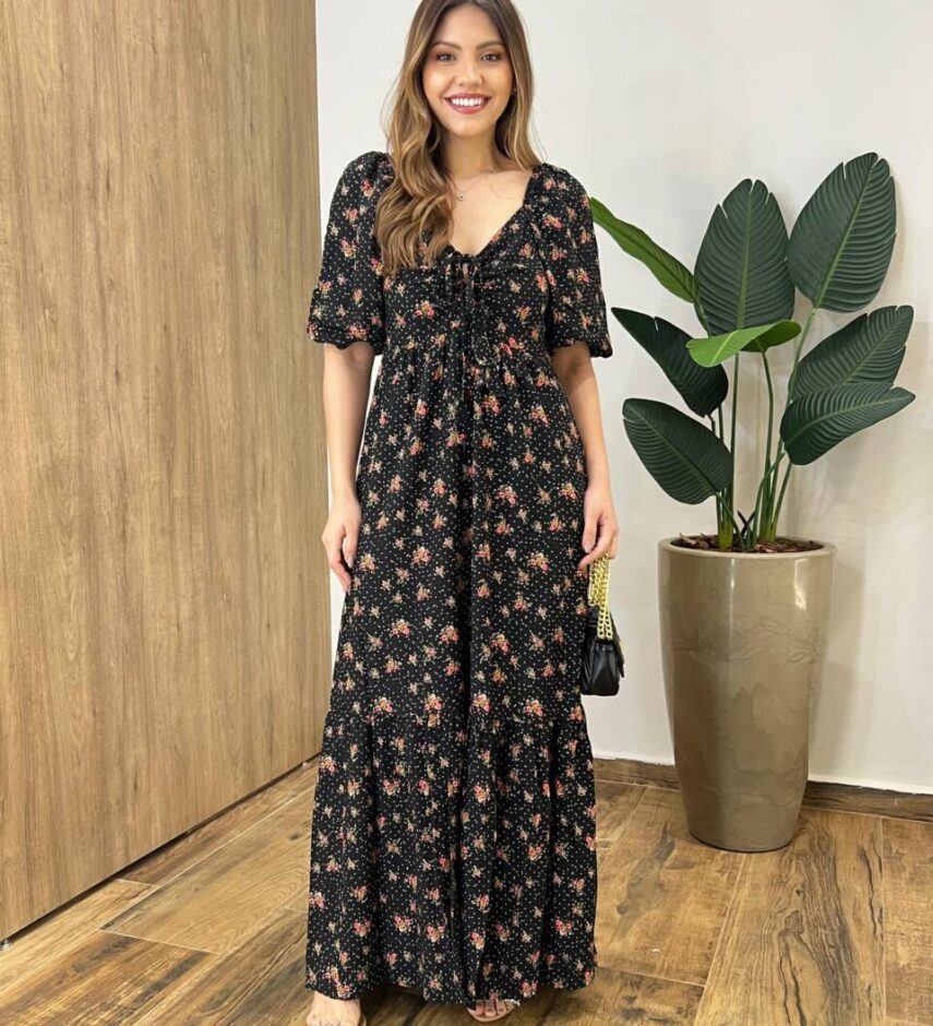 Vestido Longo Tabata Manga Curta sem Bojo Amarração Estampado Preto - Fernanda Ramos Store