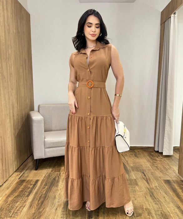 Vestido Longo Valentina sem Bojo Fechamento em Botões e Cinto Bege - Fernanda Ramos Store