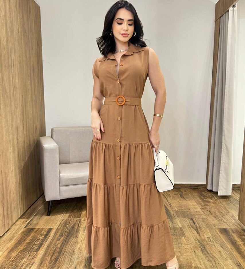 Vestido Longo Valentina sem Bojo Fechamento em Botões e Cinto Bege - Fernanda Ramos Store