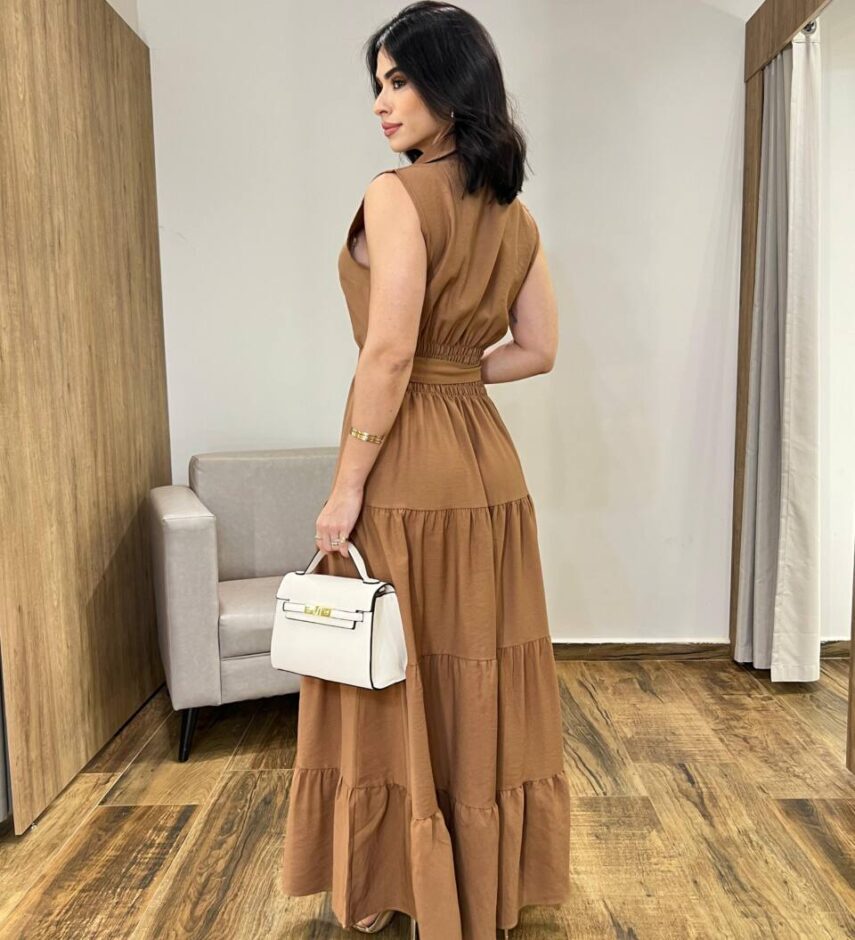 Vestido Longo Valentina sem Bojo Fechamento em Botões e Cinto Bege - Fernanda Ramos Store
