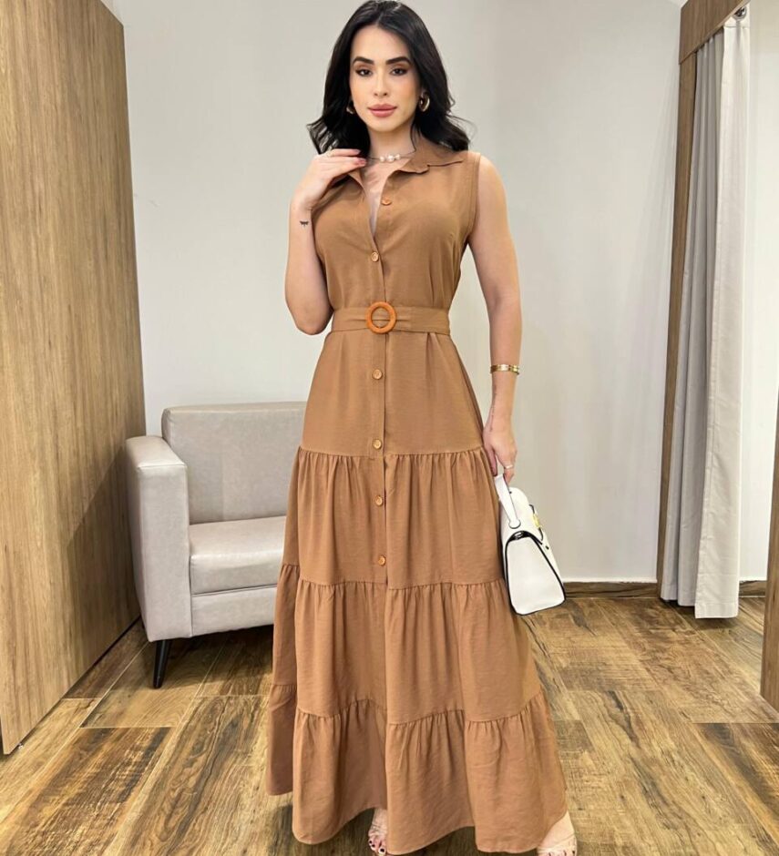Vestido Longo Valentina sem Bojo Fechamento em Botões e Cinto Bege - Fernanda Ramos Store