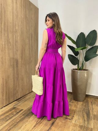 Vestido Longo Valentina sem Bojo Fechamento em Botões e Cinto Fúcsia - Fernanda Ramos Store