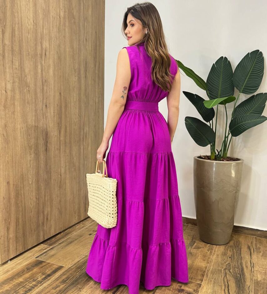 Vestido Longo Valentina sem Bojo Fechamento em Botões e Cinto Fúcsia - Fernanda Ramos Store