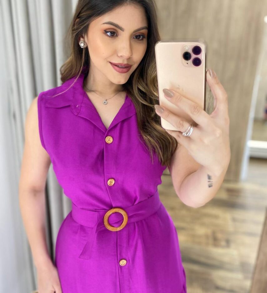 Vestido Longo Valentina sem Bojo Fechamento em Botões e Cinto Fúcsia - Fernanda Ramos Store