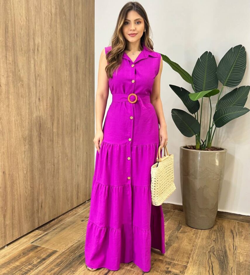 Vestido Longo Valentina sem Bojo Fechamento em Botões e Cinto Fúcsia - Fernanda Ramos Store