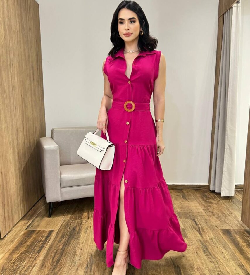 Vestido Longo Valentina sem Bojo Fechamento em Botões e Cinto Pink - Fernanda Ramos Store