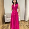 Vestido Longo Valentina sem Bojo Fechamento em Botões e Cinto Pink - Fernanda Ramos Store