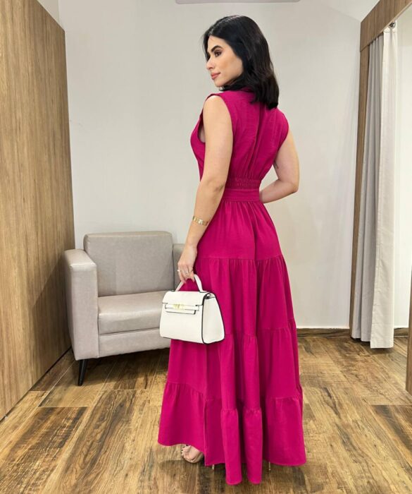 Vestido Longo Valentina sem Bojo Fechamento em Botões e Cinto Pink - Fernanda Ramos Store