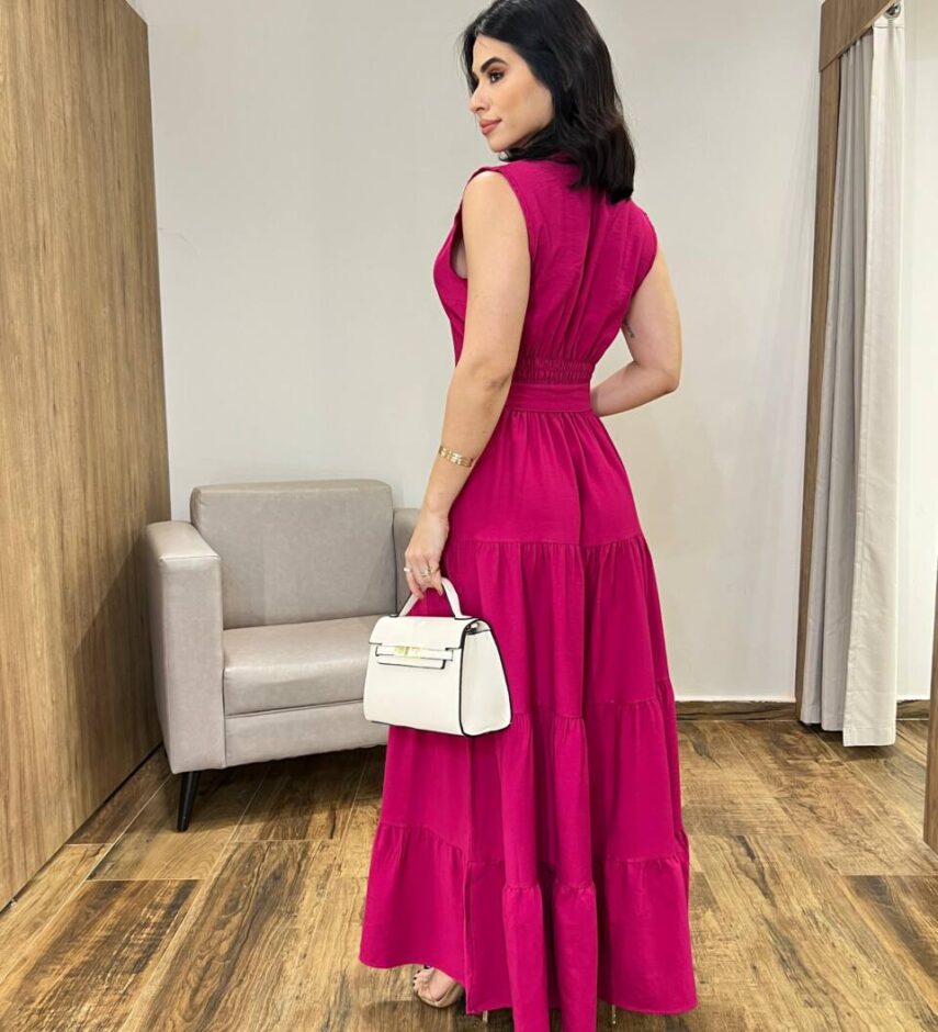 Vestido Longo Valentina sem Bojo Fechamento em Botões e Cinto Pink - Fernanda Ramos Store