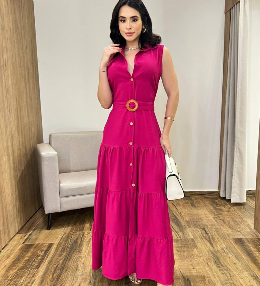 Vestido Longo Valentina sem Bojo Fechamento em Botões e Cinto Pink - Fernanda Ramos Store