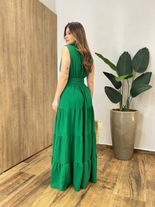 Vestido Longo Valentina sem Bojo Fechamento em Botões e Cinto Verde - Fernanda Ramos Store