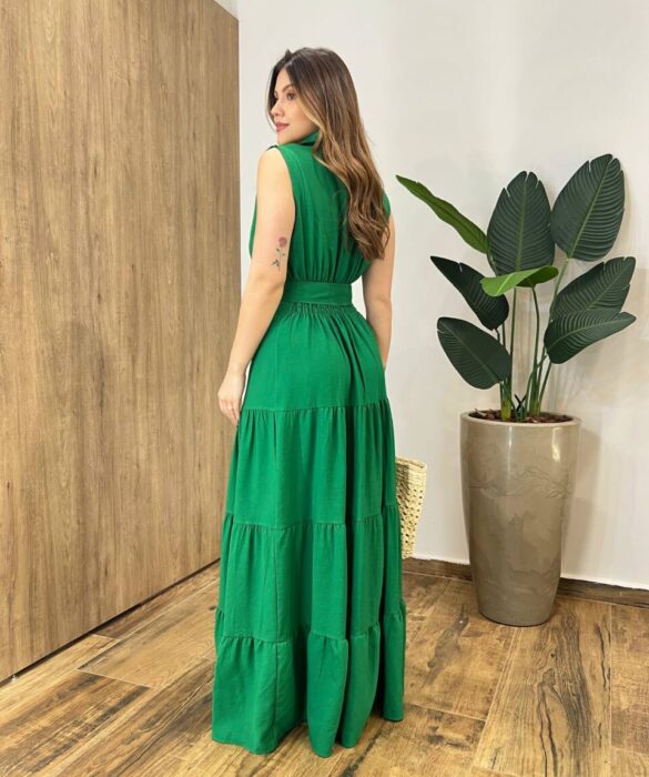 Vestido Longo Valentina sem Bojo Fechamento em Botões e Cinto Verde - Fernanda Ramos Store