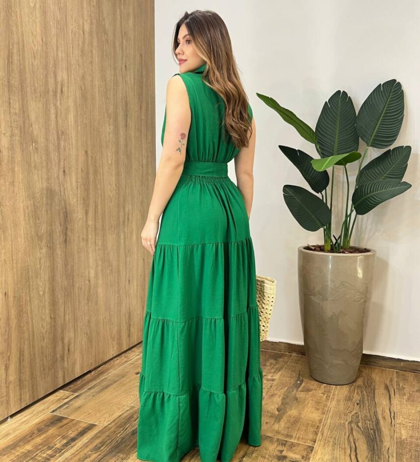Vestido Longo Valentina sem Bojo Fechamento em Botões e Cinto Verde - Fernanda Ramos Store