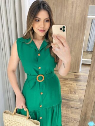 Vestido Longo Valentina sem Bojo Fechamento em Botões e Cinto Verde - Fernanda Ramos Store