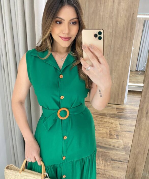 Vestido Longo Valentina sem Bojo Fechamento em Botões e Cinto Verde - Fernanda Ramos Store