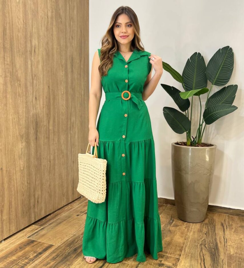 Vestido Longo Valentina sem Bojo Fechamento em Botões e Cinto Verde - Fernanda Ramos Store