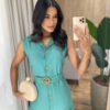 Vestido Longo Valentina sem Bojo Fechamento em Botões e Cinto Verde Menta - Fernanda Ramos Store