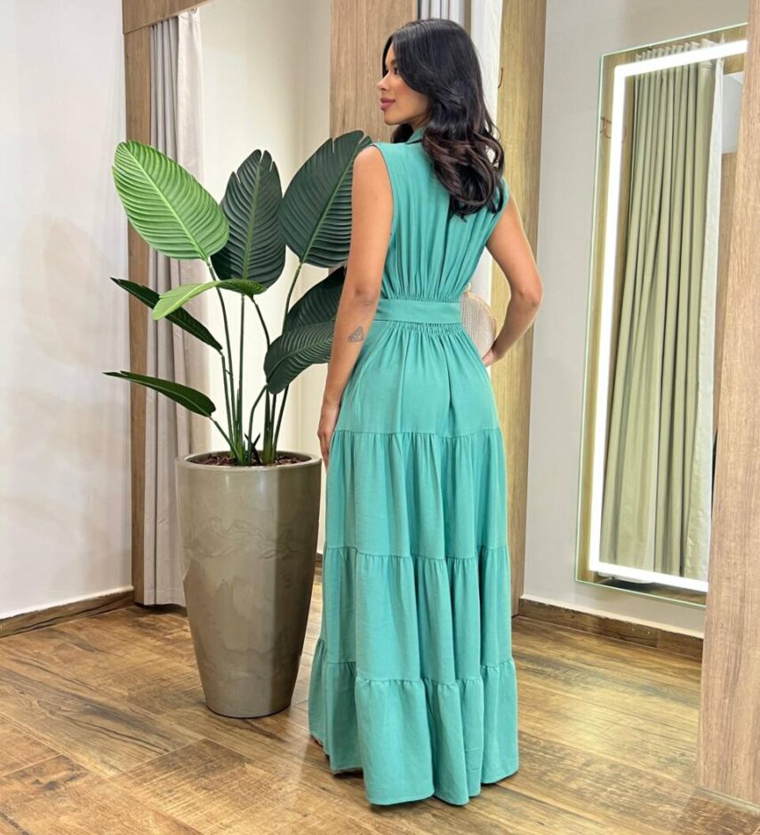 Vestido Longo Valentina sem Bojo Fechamento em Botões e Cinto Verde Menta - Fernanda Ramos Store