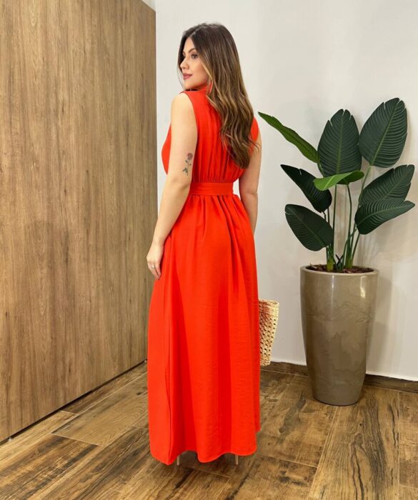 Vestido Longo Zoe com Bojo Decote em V com Bolso Coral - Fernanda Ramos Store