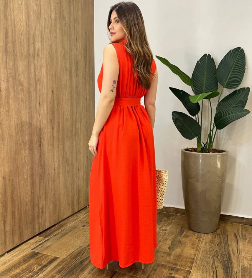 Vestido Longo Zoe com Bojo Decote em V com Bolso Coral - Fernanda Ramos Store