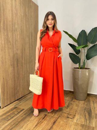 Vestido Longo Zoe com Bojo Decote em V com Bolso Coral - Fernanda Ramos Store