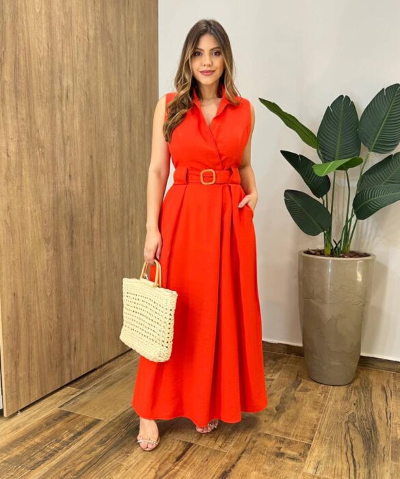 Vestido Longo Zoe com Bojo Decote em V com Bolso Coral - Fernanda Ramos Store