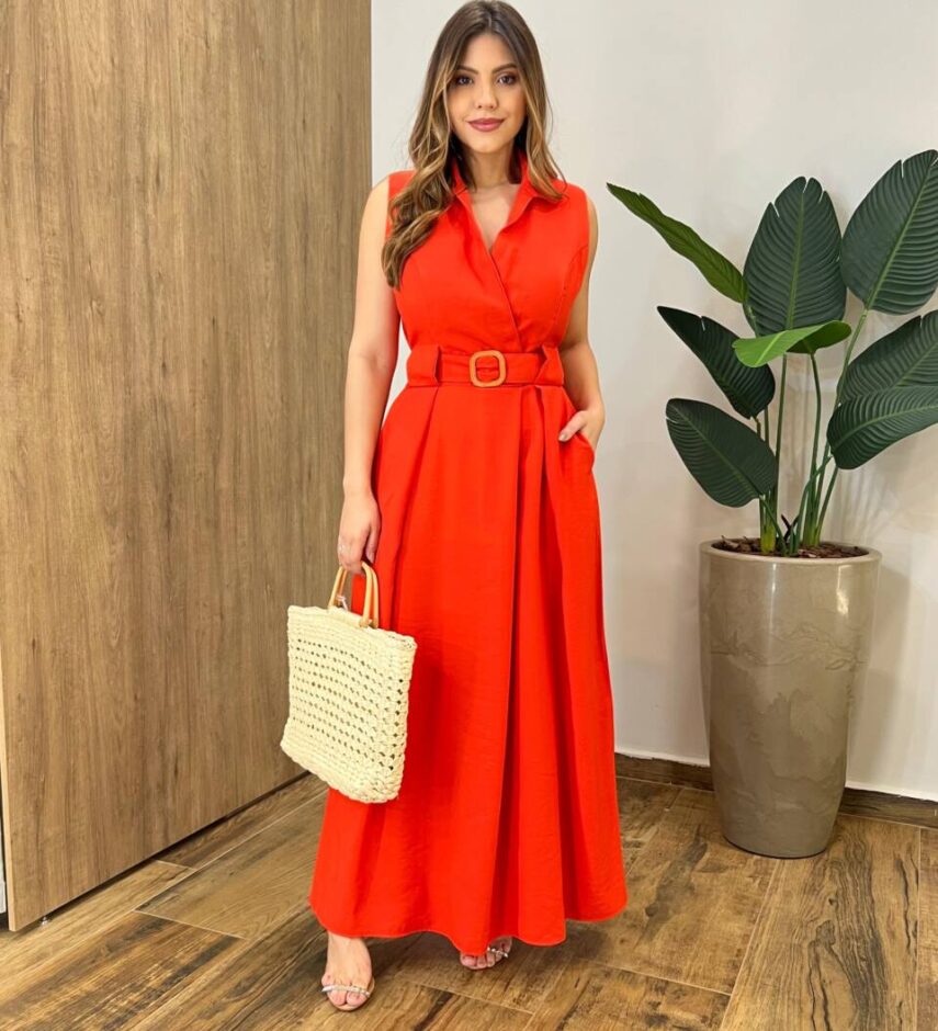 Vestido Longo Zoe com Bojo Decote em V com Bolso Coral - Fernanda Ramos Store