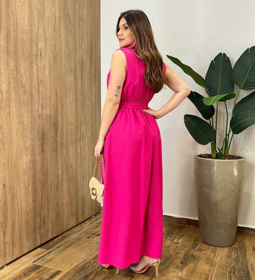 Vestido Longo Zoe com Bojo Decote em V com Bolso Pink - Fernanda Ramos Store