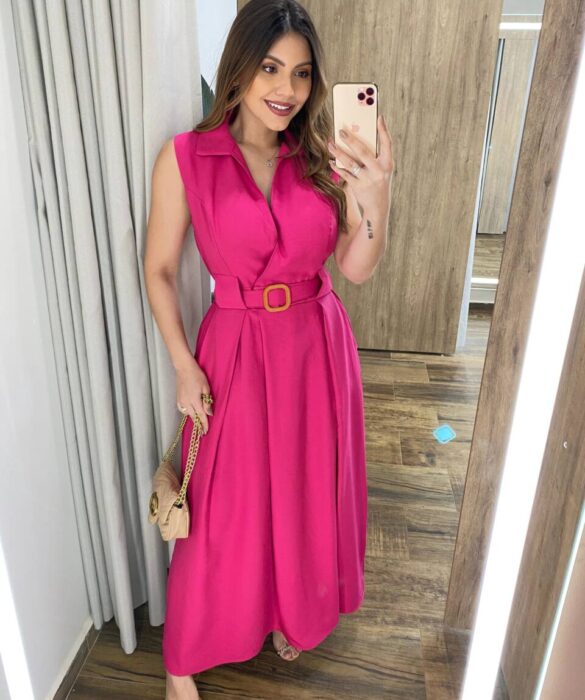 Vestido Longo Zoe com Bojo Decote em V com Bolso Pink - Fernanda Ramos Store