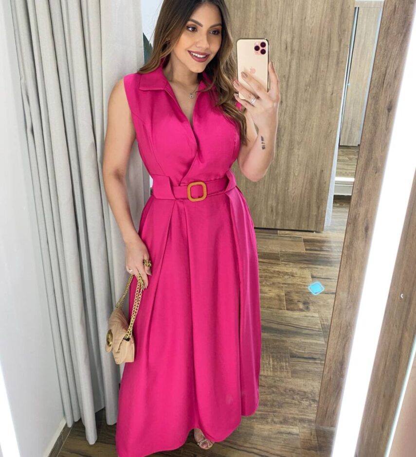 Vestido Longo Zoe com Bojo Decote em V com Bolso Pink - Fernanda Ramos Store