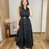 Vestido Midi Alana Preto com Cinto Detalhe em Botões - Fernanda Ramos Store