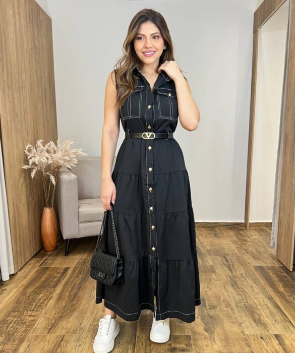 Vestido Midi Alana Preto com Cinto Detalhe em Botões - Fernanda Ramos Store