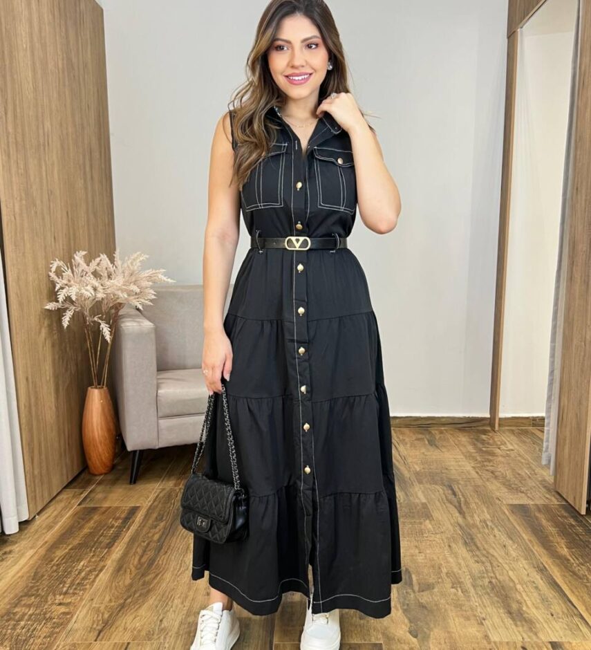 Vestido Midi Alana Preto com Cinto Detalhe em Botões - Fernanda Ramos Store