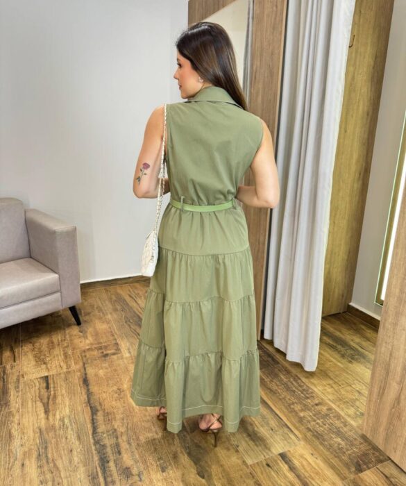 Vestido Midi Alana Verde Militar com Cinto Detalhe em Botões - Fernanda Ramos Store