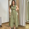 Vestido Midi Alana Verde Militar com Cinto Detalhe em Botões - Fernanda Ramos Store